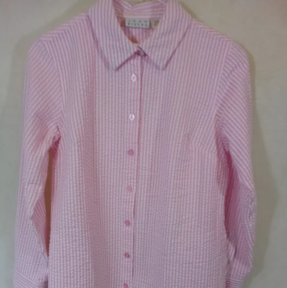 VTG Joan Rivers L/S Pink White Stripe Seersucker Button Down Shirt Blouse XXSP - Picture 1 of 5